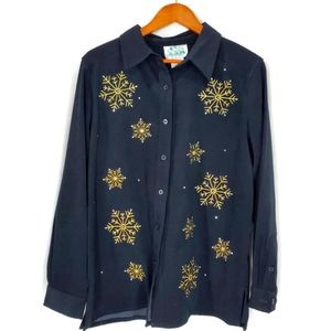 The Quacker Factory Womens Microsuede Button Down Snowflake Rhinestone Top SZ M
